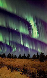 极光北极星夜晚的北光和森林观气氛北极光天空北极星天文学旅行假期蓝色森林旅游插画
