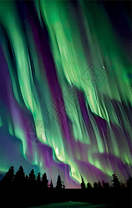 芬兰极光夜晚的北光和森林观星星蓝色旅行气氛季节假期北极光天空极光风景插画