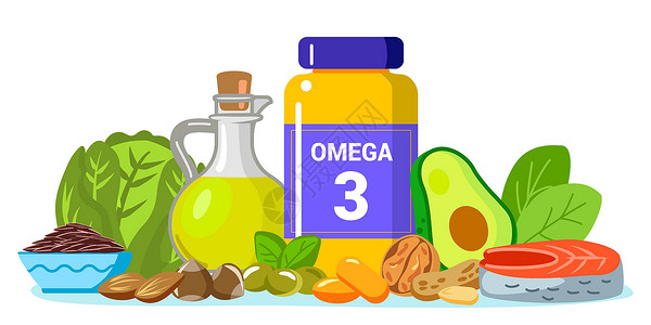 鳕鱼堡Omega 3脂肪概念食品补充和保健养分菠菜胶囊卡通片药品营养插图蔬菜生物植物插画