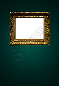 拍卖行或博物馆展览皇家绿墙上的古董艺术展画廊框架 空白模板 空白复制空间 用于模型设计 艺术品风格木头拍卖销售展示绘画金子小样大背景图片