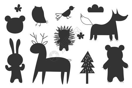 松鼠剪影森林动物剪影 孤立在白色背景矢量图上 林地森林动物收藏 包括鹿 熊 猫头鹰 EPS插画