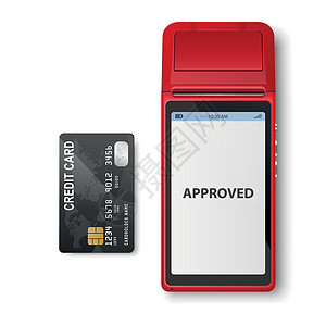信用卡模板矢量 3d 红色 NFC 支付机和信用卡支付卡隔离 WiFi 无线支付 POS 终端 银行支付非接触式终端的机器设计模板 样机设计图片