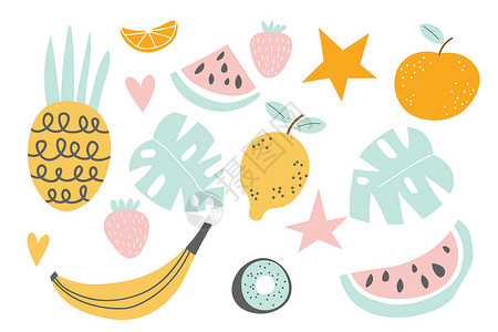 平面手绘风格插图中的水果系列 热带水果和平面设计元素 配料彩色剪贴画 素描风格的成分 孤立的斯堪的纳维亚卡通物品 每股收益背景图片