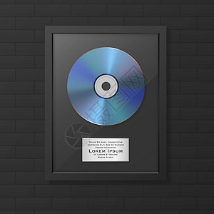 现实矢量 3d Blue CD和黑砖墙上黑色框架标签 单一专辑集的 契约磁盘奖 有限版 设计模板背景图片