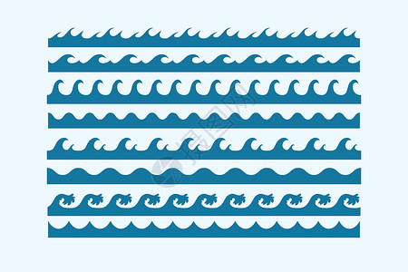 白色和蓝色海浪图案 不同风格的曲线各套图标集海洋边界框架水平航行刷子白色收藏液体插画