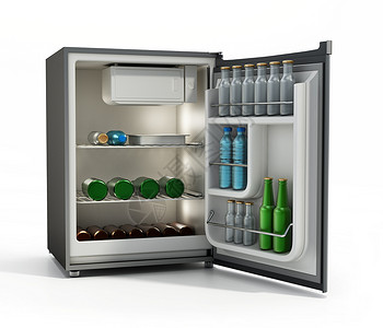 迷你电风扇插图装满白色背景与世隔绝饮料的迷你冰箱 3D插图背景