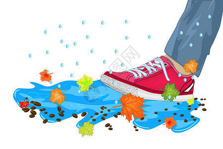 水鞋脚上有鞋 水坑 树叶和雨滴 在白色背景中被孤立季风插图季节路面漩涡卡通片下雨预报运动鞋气象插画
