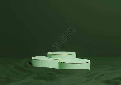 三个圆柱黑色 温暖的绿色3D 使最起码的产品显示为三个豪华圆柱式讲台或摊台 用卷状纺织产品摄影背景图画和金线化妆品背景