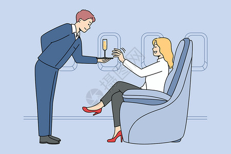 坐飞机上女人在飞机上坐商务舱喝香槟插画