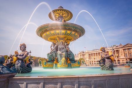协和广场与模糊水分相协调的不老泉 法国巴黎背景
