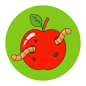 幼虫期长着绿叶的虫状红苹果花园健康食物幼虫叶子果园教育毛虫绘画艺术插画
