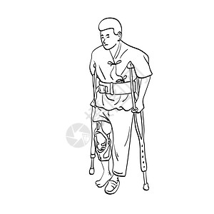 有断腿的人用拐杖 用来走路插图矢量的手 在白色背景线艺术上被隔开背景图片