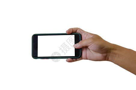 手持智能手机在白色背景 白空白的电话屏幕上互联网工具小样社会网络技术展示广告商业细胞背景图片