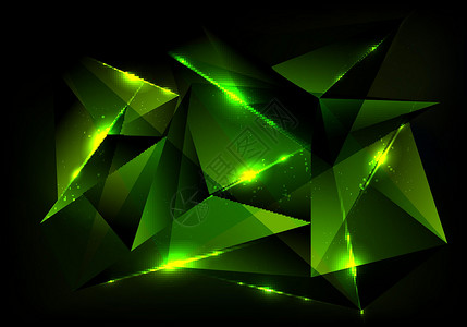 绿色激光具有绿色多边形图案和深色背景发光照明的抽象未来技术概念插画