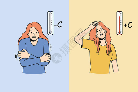 卡通温度计妇女受寒冷或炎热的天气之苦设计图片