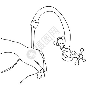 双用水龙头连续绘制一行的“洗手手”图标 轮廓矢量标志用水龙头下的手清洗 线性象形图在白色上隔离 卫生符号插画
