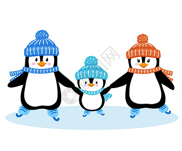 短片制作素材可爱企鹅家族的矢量插图 该家庭孤立在白色上 动物短片以平板风格制作 企鹅手握手和滑冰插画