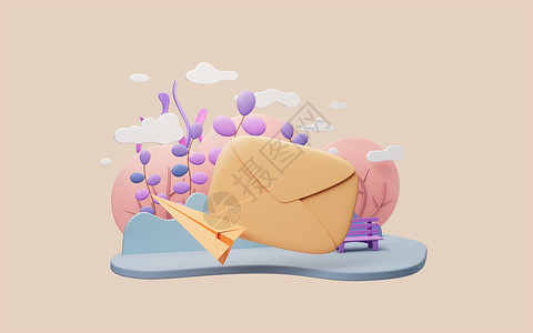 信封卡通带有卡通风格的3D翻譯信件信封短信橙子渲染邮件文档电子邮件邮资卡通片消息飞机背景