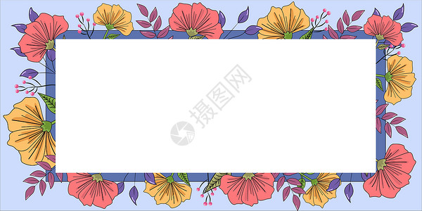 花卉收藏周围有叶子和花朵的框架和里面的重要公告 到处都是不同植物的框架和重要信息 有最近想法的花盒风格蓝色邀请函婚礼花瓣涂鸦庆典收藏设计插画