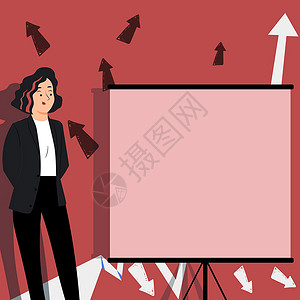 职为有你在演示板上展示重要信息 穿西装的女人在面板上显示重要信息 背景中有箭头 显示新想法办公室推介会成就人士教育绘画卡通片计算机领导职设计图片