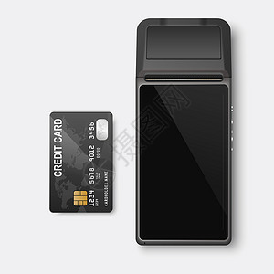 银行卡样机矢量 3d NFC 支付机和孤立的黑色塑料信用卡 Wi-Fi 无线支付 POS 终端 机器设计模板 银行支付非接触式终端 样机设计图片