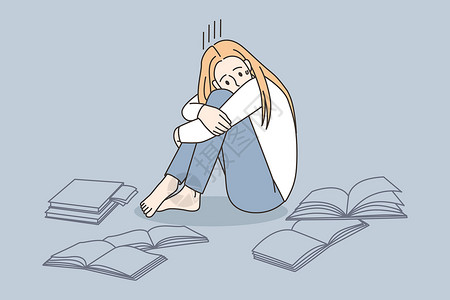 筋疲力尽的读书时哭泣的不快乐女孩设计图片