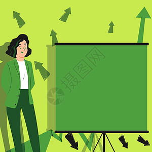 穿搭教学在演示板上展示重要信息 穿西装的女人在面板上显示重要信息 背景中有箭头 显示新想法金融进步套装经理绘画商务老师男人推介会创造力设计图片