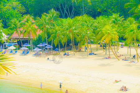 新加坡Sentosa度假胜地海滩海洋蓝色景点海岸旅行沙滩远距离波浪状蓝天白色背景图片