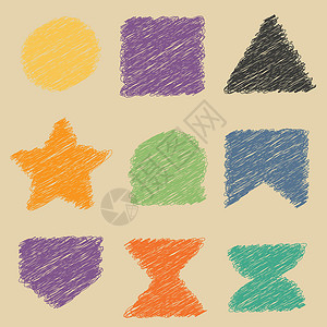 星形框蜡笔手绘正方形 圆形 星形和更多形式的设计元素集 颜色像孩子风格有趣的复制空间 淡色粉笔或铅笔框 矢量背景设计图片