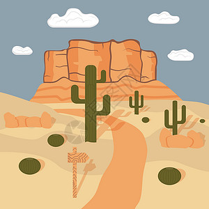 西南沙漠亚利桑那沙漠 有道路 岩石和仙人掌的景观 平坦风格 矢量插画