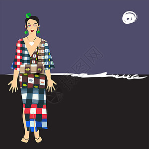 阿西亚提什印度尼西亚巴厘岛沙龙莫提夫的海滩服装插图裙子横幅框架魅力纱笼指导纺织品沙滩墙纸女孩插画