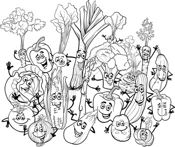 蜜本南瓜卡通蔬菜字符组彩色页面的卡通蔬菜字符群插画
