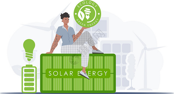 太经合组织绿色能源和生态的概念 一个人坐在太阳能电池板上 手里握着经合组织的标志 潮流风格 矢量图示等设计图片