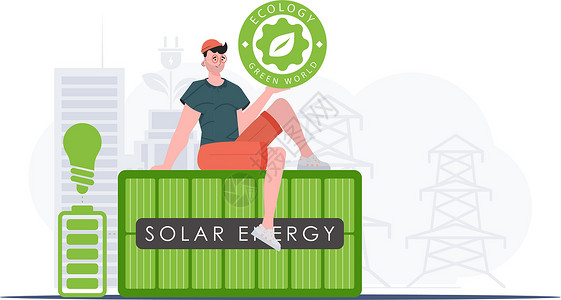 太经合组织生态和绿色能源的概念 一个人坐在太阳能电池板上 手里握着经合组织的标志 潮流风格 矢量图示设计图片