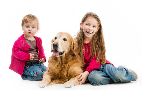 寻回和孩子猎犬微笑童年婴儿男生宠物毛皮犬类头发女孩背景图片