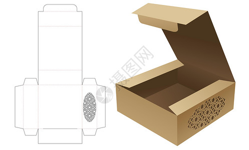 带有固定阿拉伯模式的蛋糕盒死切模板和 3D 模型插画