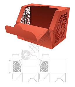 带钢印图案模切模板和 3D 模型的拉链倒角盒插画