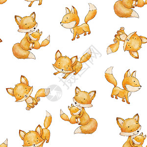 小狐狸手绘可爱的小狐狸 水彩色的婴儿无缝模式 在白色上新生绘画狐狸卡通片孩子们孩子微笑卡片动物花束背景