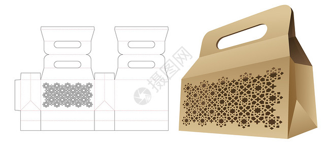 蜂窝纸板带有固定阿拉伯模式窗口的购物袋切除模板和 3D 模型插画