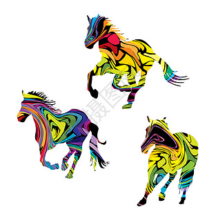 马跑由三匹奔马组成的多彩的抽象轮廓背景