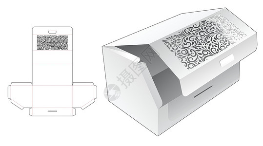 蓝图纸素材带有模板和 3D 模型的顶端翻转沙发盒插画