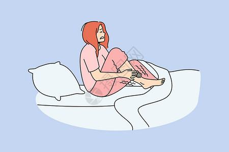 一家四口床上脚身体不健康的妇女腿部抽筋伤害肌腱肌肉保健痛苦成人疾病症状病人绘画设计图片