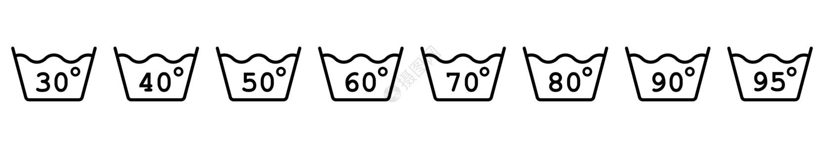 北纬30度在30度至95度的洗涤中 水位 一组孤立的洗涤图标白色衣服机器黑色标识警告标签学位插图纺织品插画