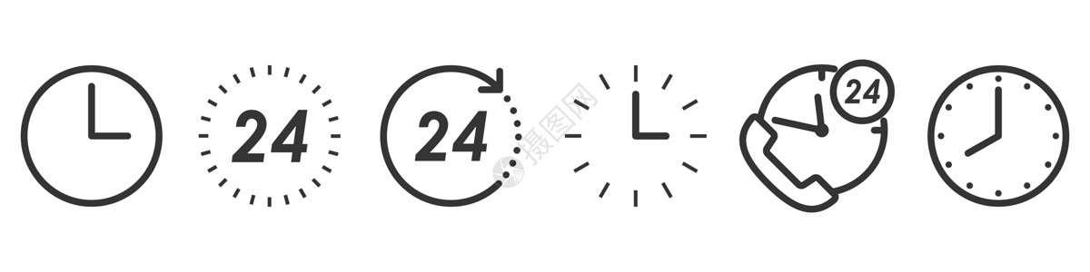 以细行样式显示的时间和时钟图标集白色计时员拨号数字网络界面手表插图商业圆形设计图片