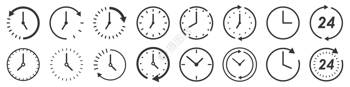 白色时钟素材薄线样式的矢量时间和时钟图标滴漏拨号计时员圆圈小时网络圆形速度界面黑色设计图片