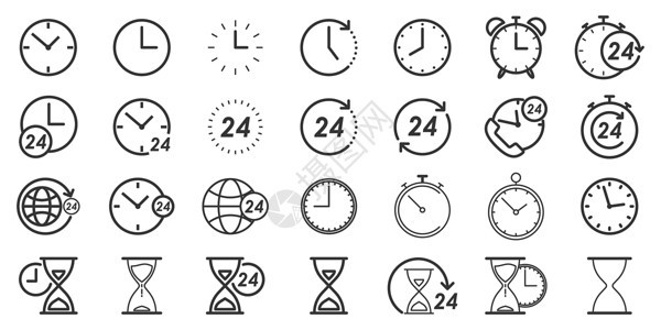 计时员薄线样式的矢量时间和时钟图标圆圈界面拨号网络手表警报跑表商业数字白色设计图片