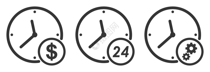 钟表时间图标以细行样式显示的时间和时钟图标集插图黑色滴漏网络速度钟表警报手表跑表界面设计图片