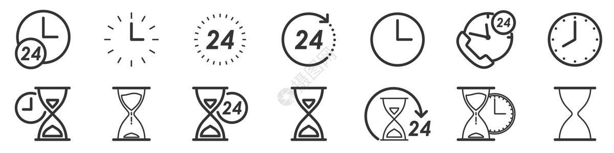 薄皮椒薄线样式的矢量时间和时钟图标黑色警报圆圈界面手表圆形速度商业计时员白色设计图片