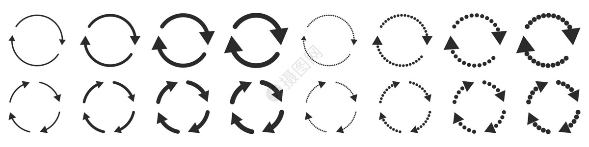 圆环形箭头孤立的黑圆矢量箭头集插画