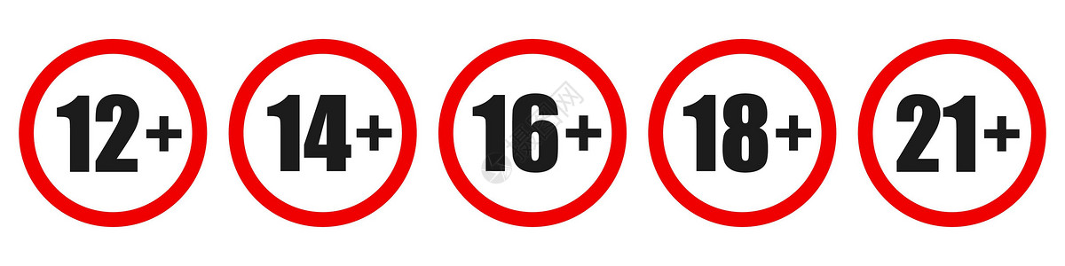 一套年龄限制标志 年龄限制概念成人警告按钮控制酒精徽章圆圈标签圆形红色背景图片